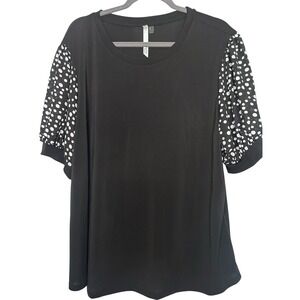 NY Collection Women Plus Size 2X Top Black Polka Dot Chiffon Puff Sleeve Stretch
